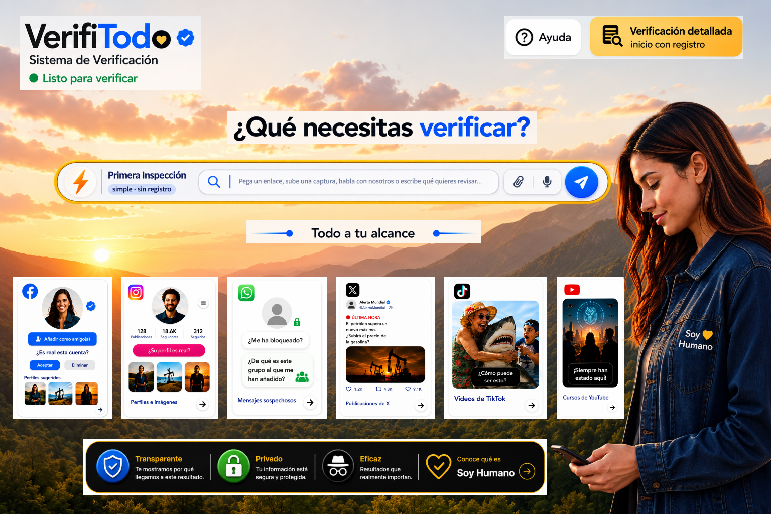 VerifiTodo, sistema de verificación de perfiles, noticias, mensajes, imágenes y contenidos digitales. Portada con acceso a Primera Inspección y las plataformas Facebook, Instagram, WhatsApp, X, TikTok y YouTube.